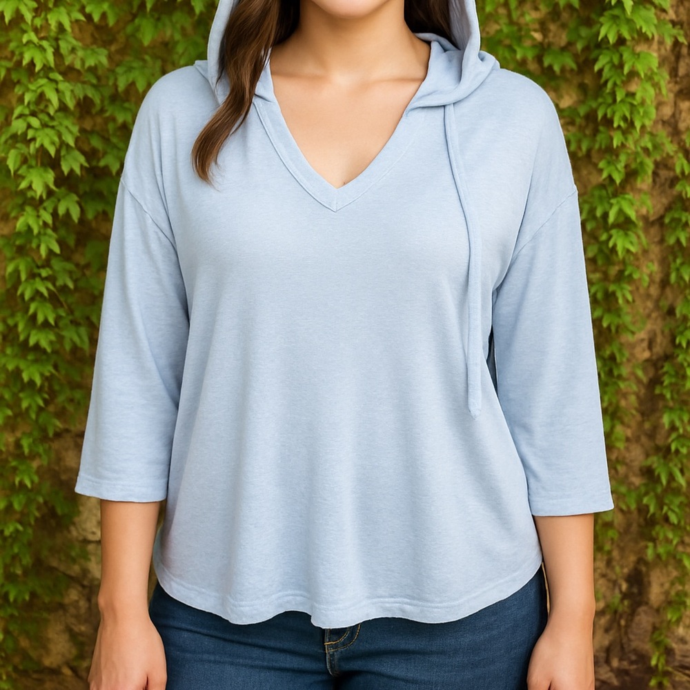 COLORTREE Soft Blue 3/4 Sleeve Knit Hooded Sweatshirt, 3X